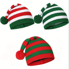 Christmas Striped Knit Hat With Pom, Adult Kids Beanie Caps