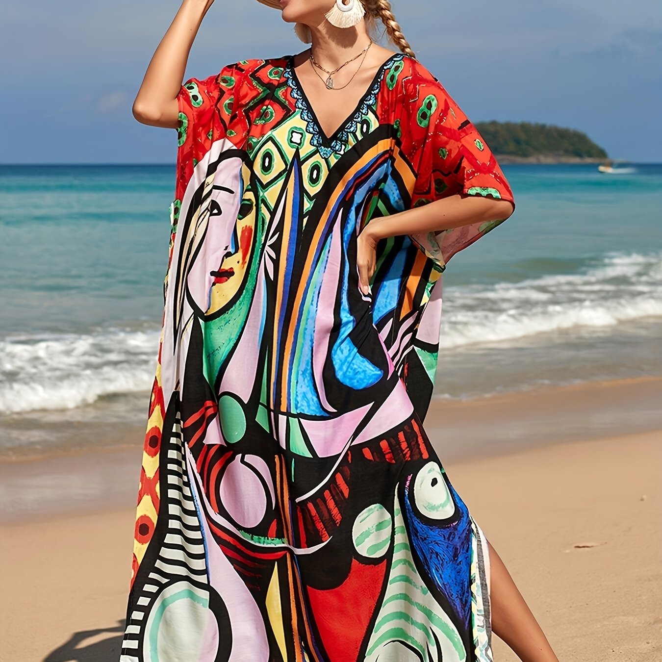 Abstract Print Bat Sleeve Cover Up Dress