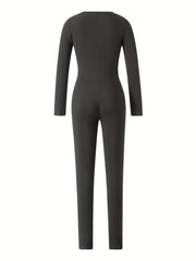 Solid Notched Neck Jumpsuit Casual Long Sleeve Jumpsuit