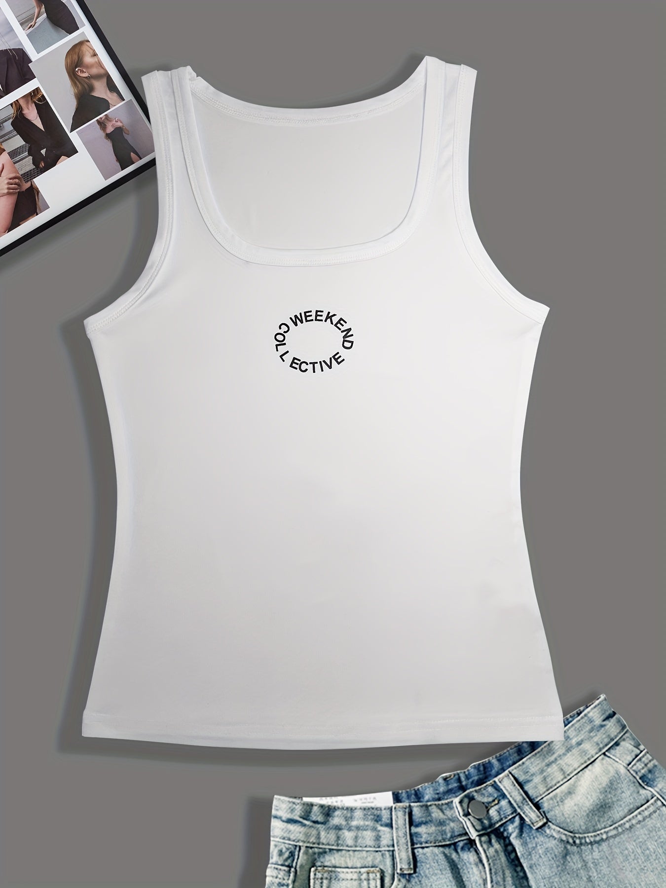 Letter Circle Print Square Neck Tank Top Casual Sleeveless Top