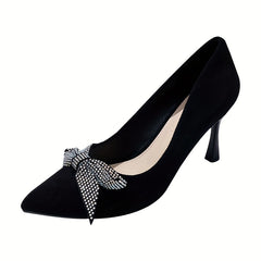 Rhinestone Bow Heels Pointed Toe Slip On Stiletto Party Pump