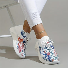 Floral Graphic Knit Sneakers Lace-Up Low Top Lightweight Shoes