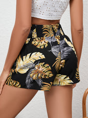 Tropical Print Shirred Waist Shorts for Women
