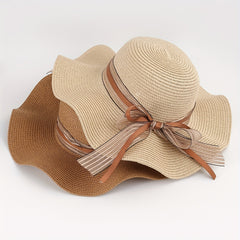 Striped Ribbon Bowknot Sun Hat Ruffles Wide Brim Straw Bucket Hats