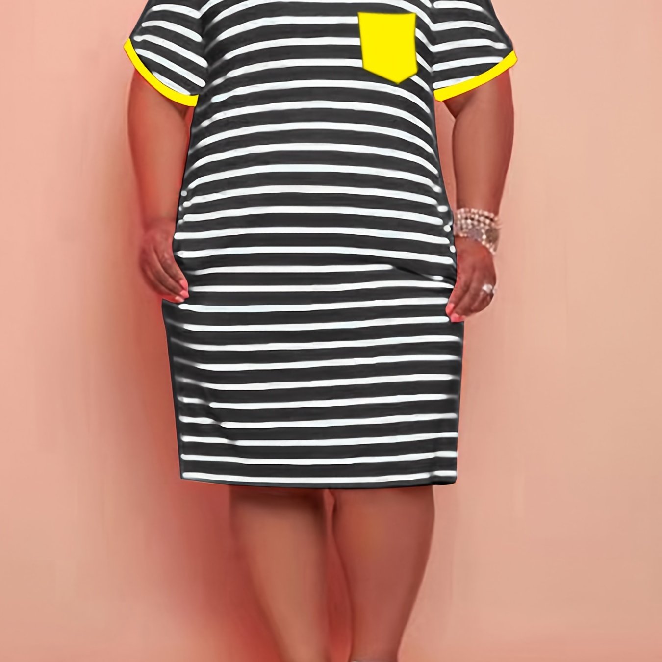 Strip Print Midi Dress With Pockets Plus Size