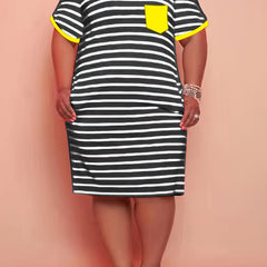Strip Print Midi Dress With Pockets Plus Size