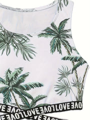 Girls Coconut Tree Graphic Swimwear Set for Summer Beachwear