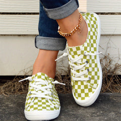 Green Checkerboard Walking Shoes Lace Up Casual Flat Sneakers