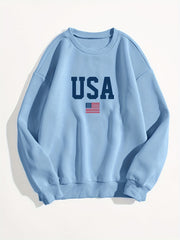 American Flag Print Sweatshirt Crew Neck Long Sleeve Women's Clothing