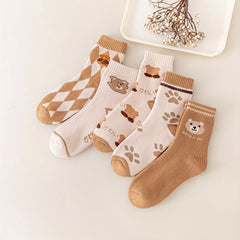 5 Pairs Cartoon Bear Print Socks, Women's Mid Tube Stockings