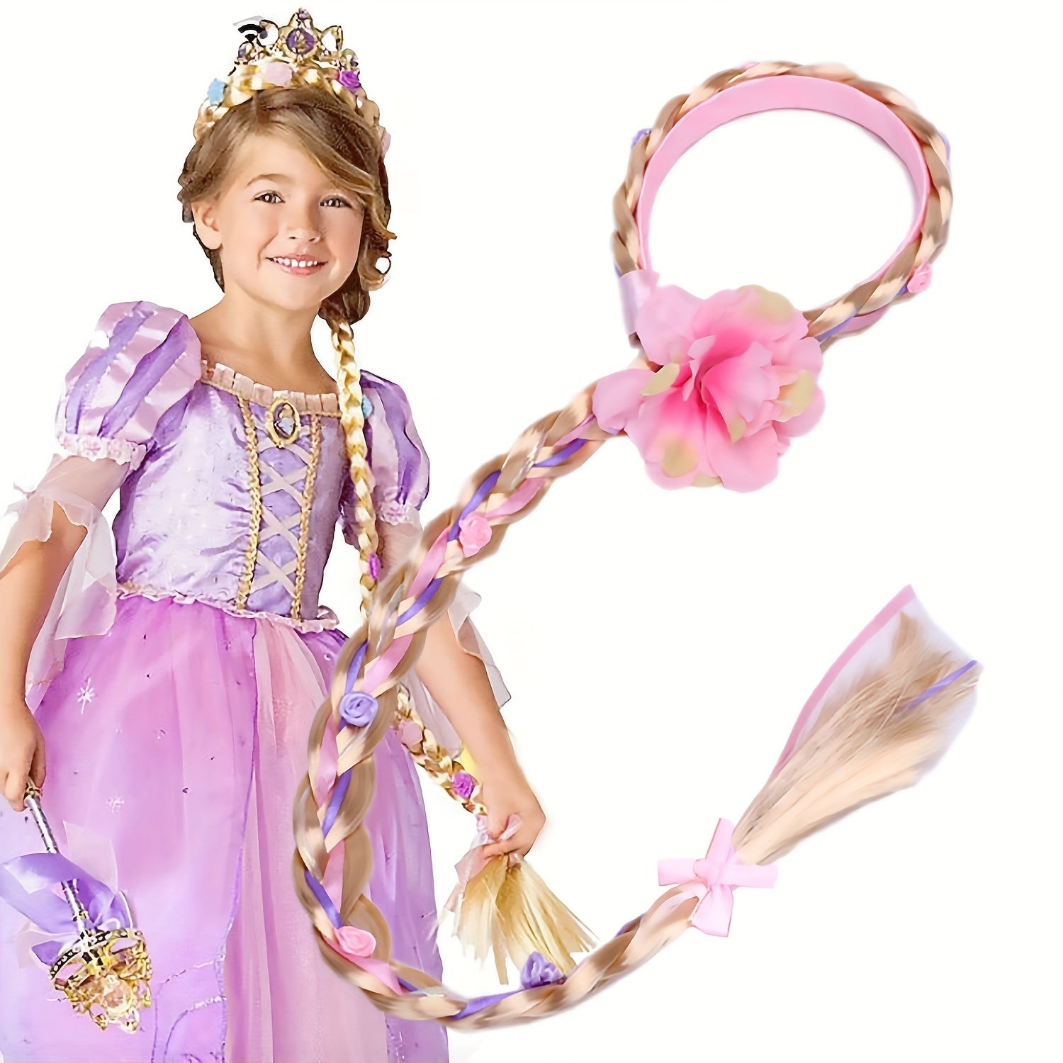 Princess Style Long Wig Hair with Flower Decor for Girls