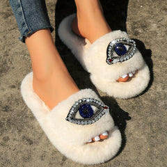 Women's Rhinestone & Eyes Decor Plush Slippers