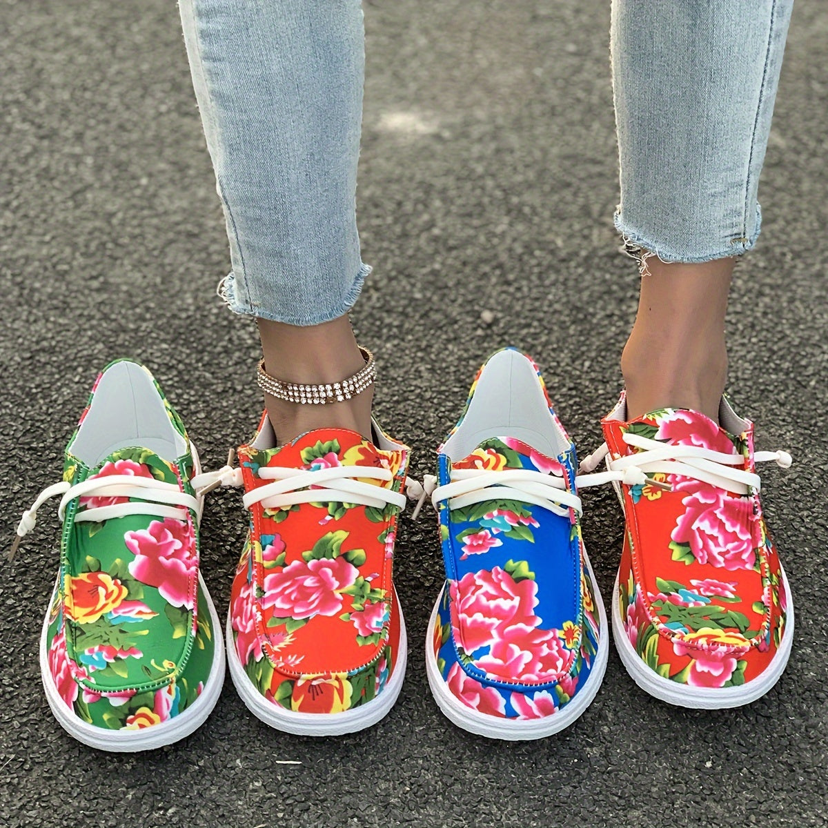 Chinese Flower Pattern Skate Shoes Lace-up Canvas