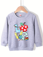 Girls' Cartoon School Stationery Graphic Round Neck Sweatshirt