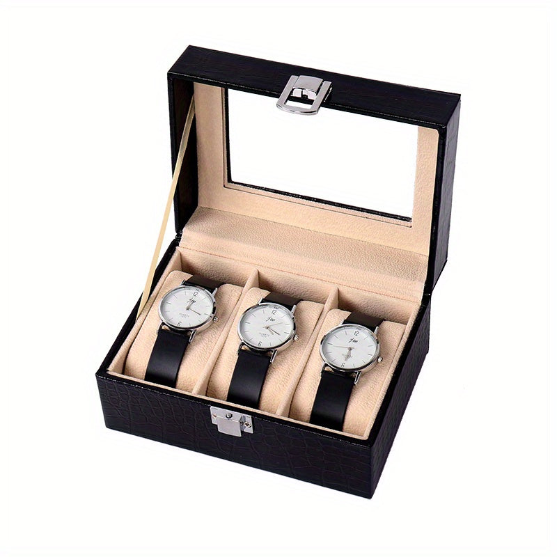 3 Slot PU Leather Watch Box Display with Lock Glass Top Jewelry Storage