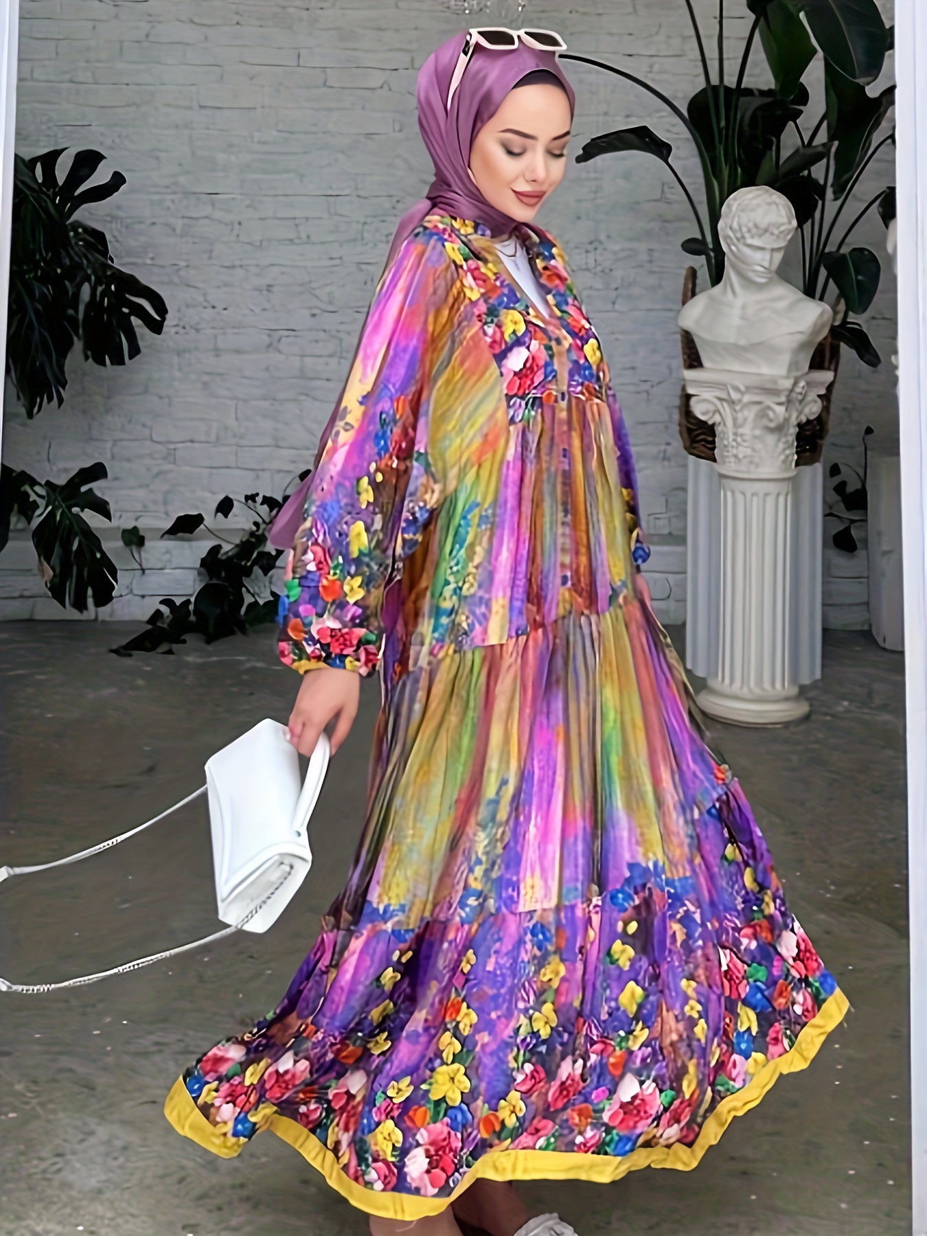 Plus Size Painting Print Maxi Dress Lantern Sleeve Kaftan