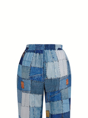 Denim Patchwork Print Straight Leg Pants Casual Drawstring Pocket Pants