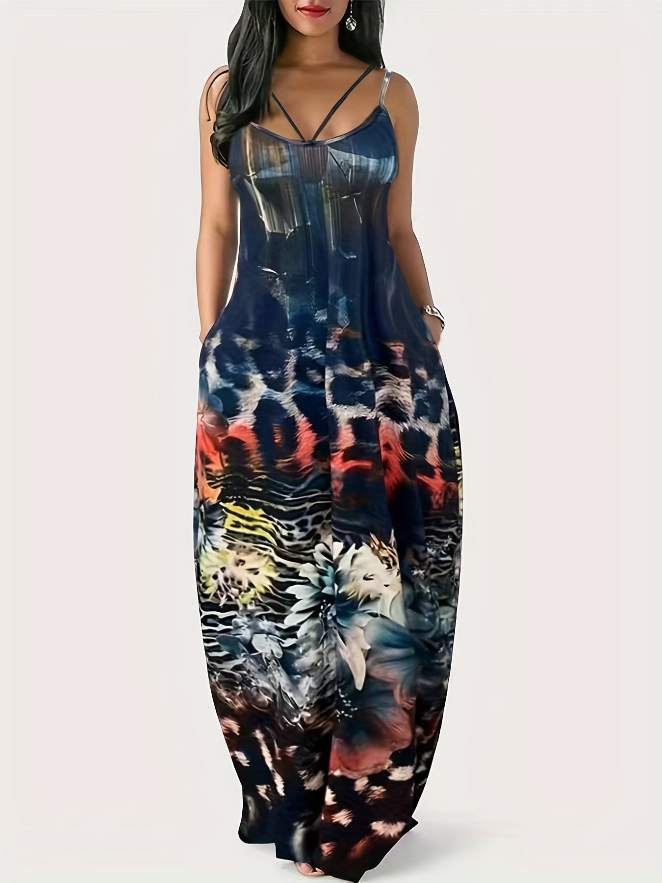 Colorblock Leopard & Floral Print Maxi Cami Dress