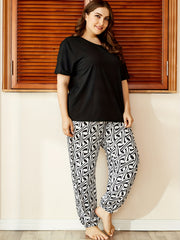 Casual Pajama Set Women's Short Sleeve Top & Print Pants Two Piece Set