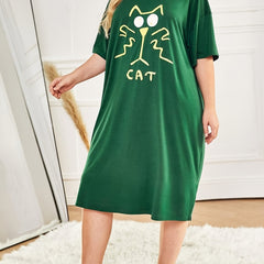 Cat Print Lounge Dress Short Sleeve Round Neck Split Sleep Dress