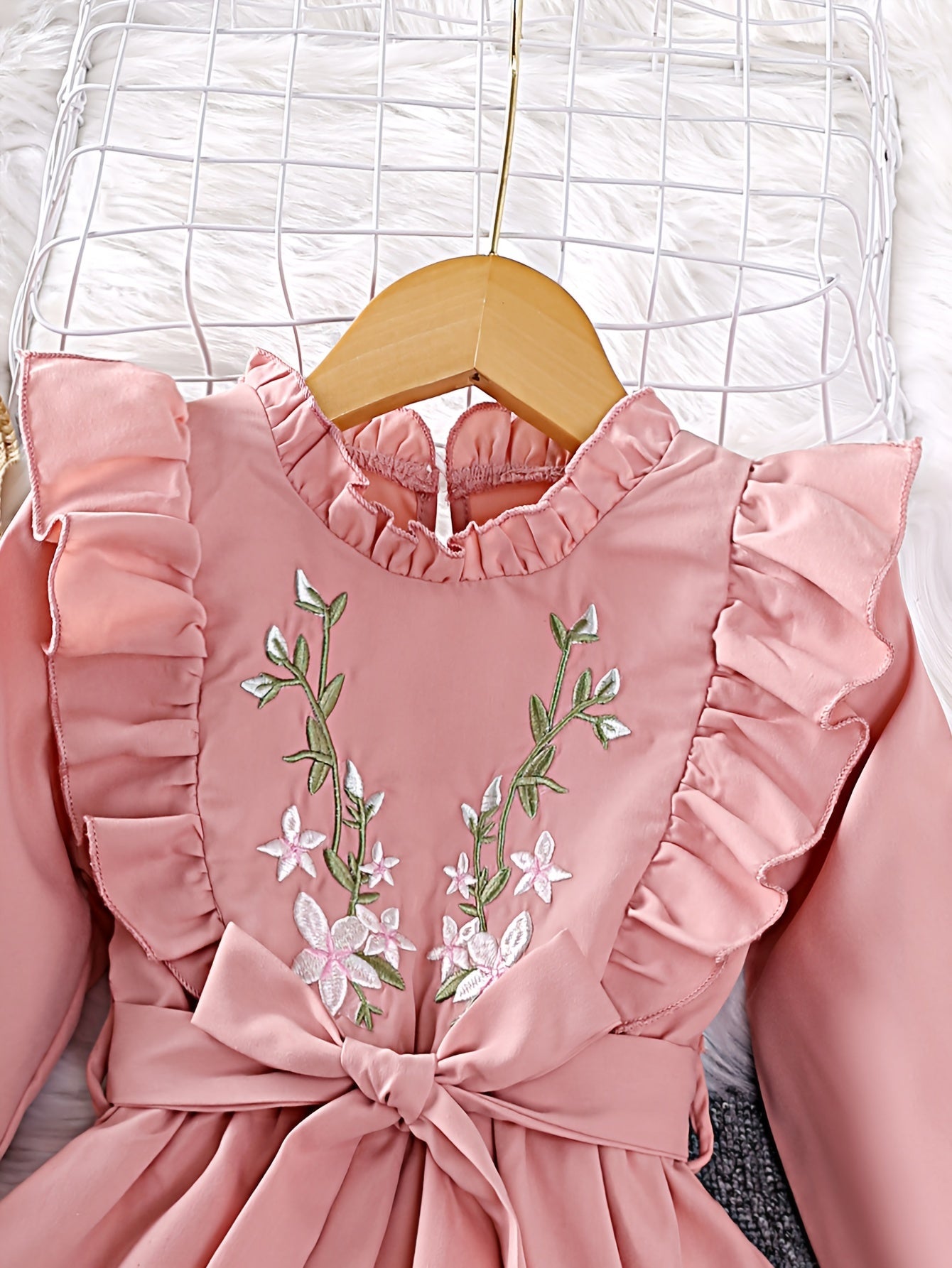 Girls' Flower Embroidery Flutter Trim Long Sleeve Dress