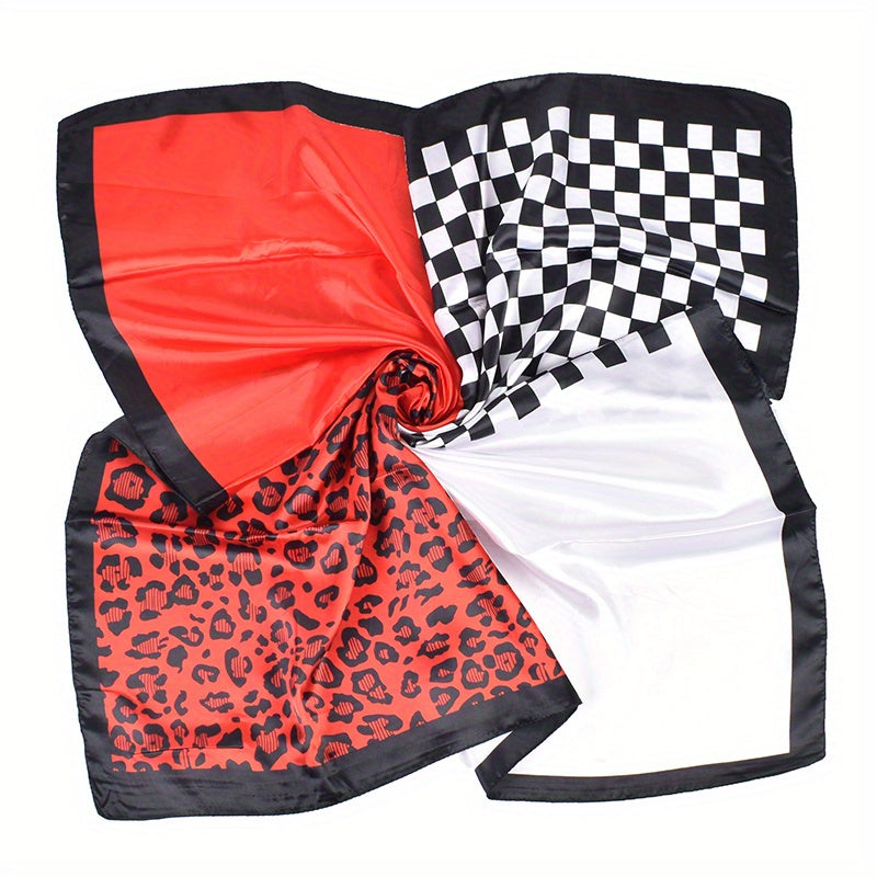 Geometric Plaid Print Bandana Silky Square Scarf Satin Shawl Head Wraps