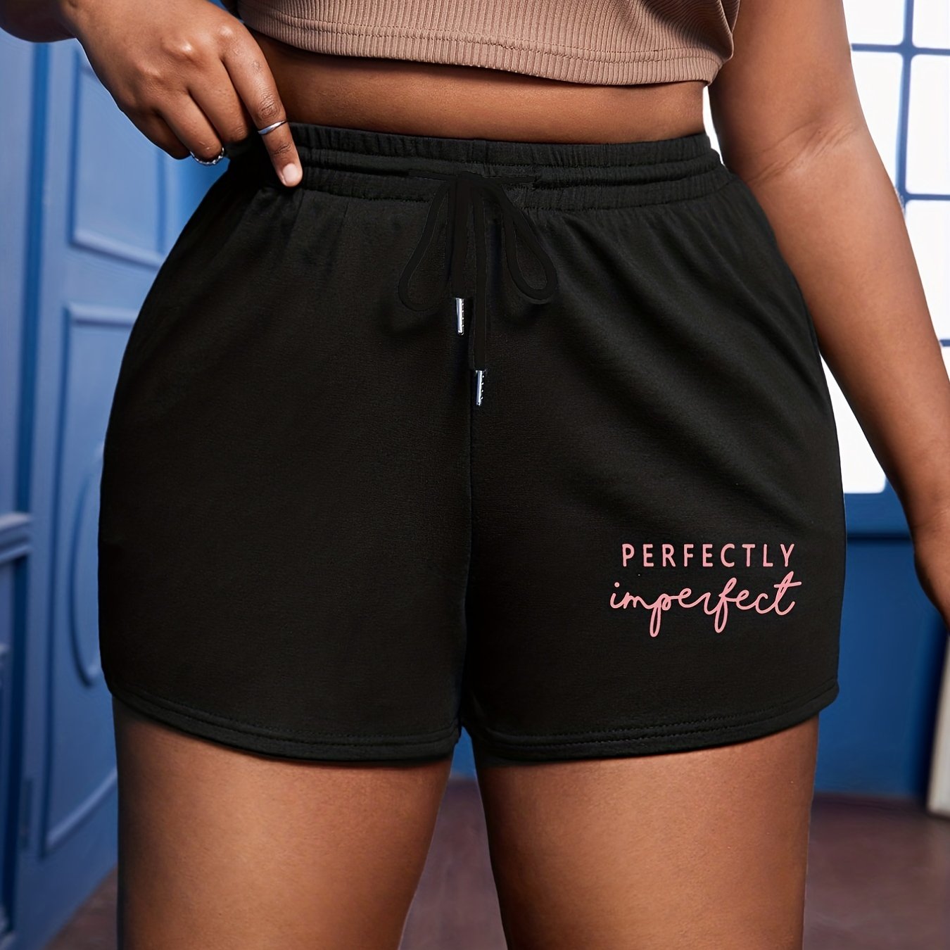 Casual Shorts Women's Plus Letter Print High Rise Slight Stretch