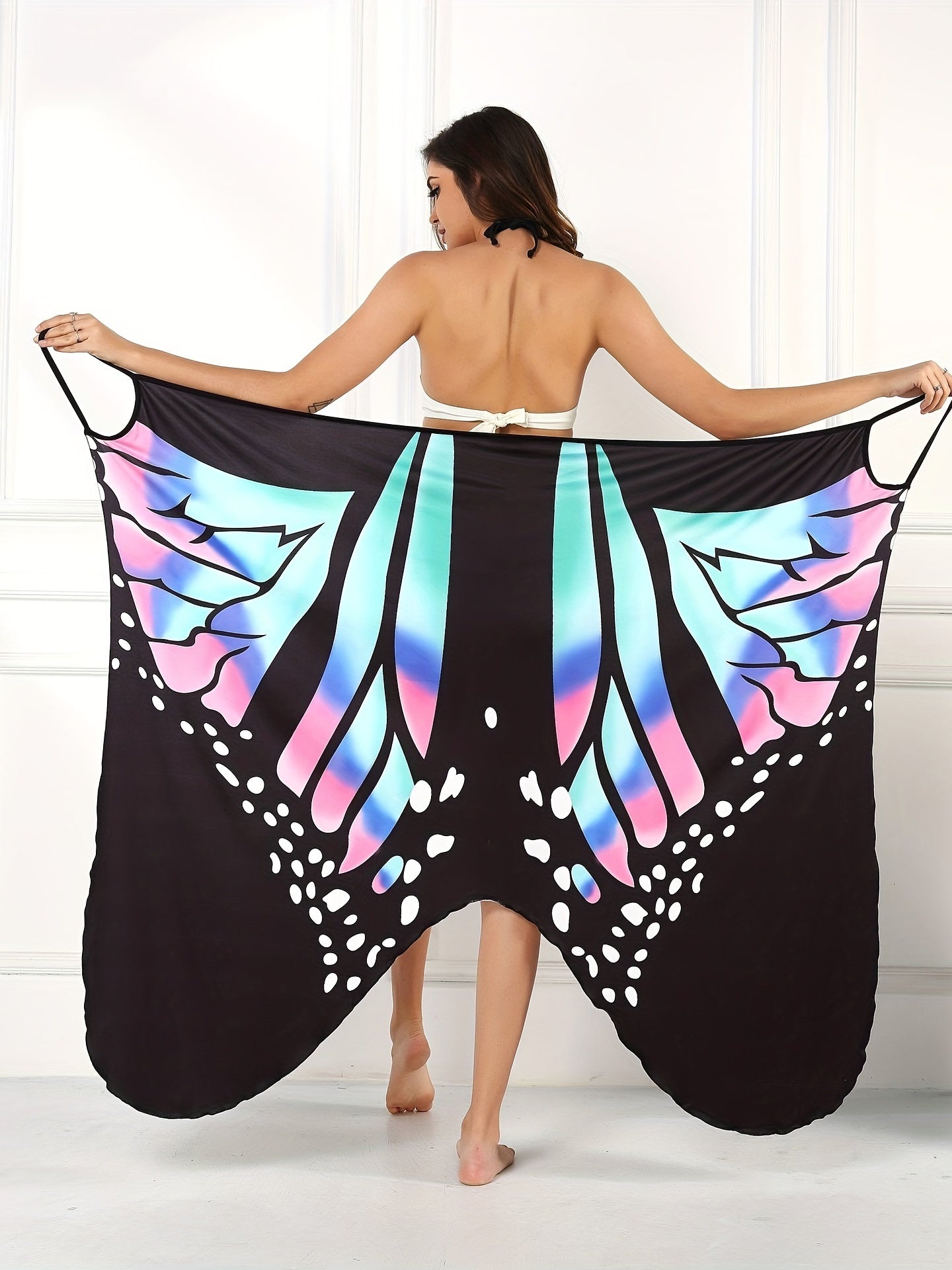 Butterfly Print Surplice V Neck Cover Up High Strech Sleeveless Beach Cover Dres