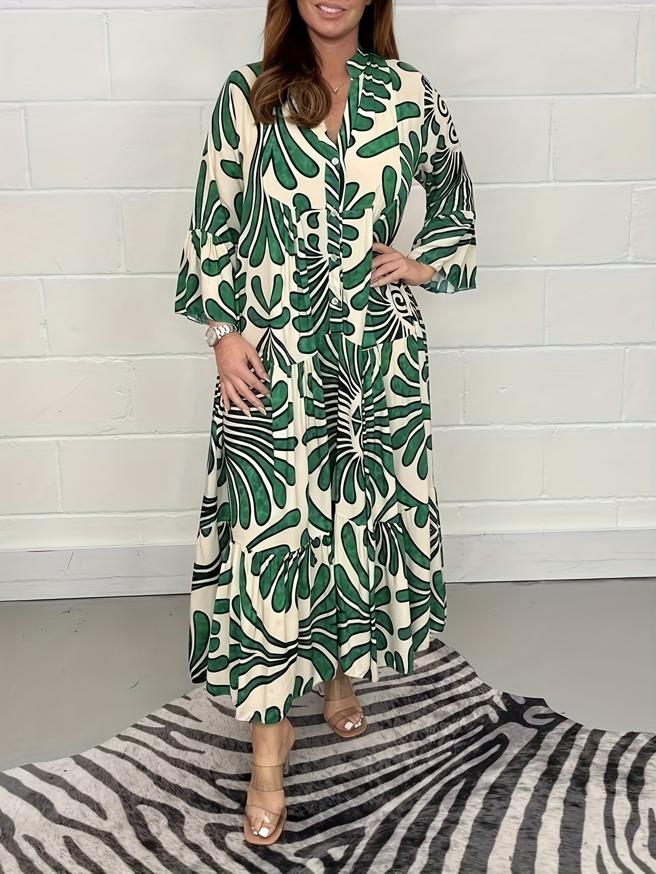 Women's Floral Print Bell Sleeve Maxi Smock Dress