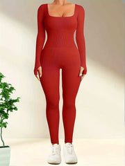 Long Sleeve Yoga Jumpsuit Solid Thumb Hole Sports Bodysuit