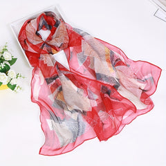 Chiffon Scarf Leaf Print Geometric Block Shawl Vintage Head Wrap