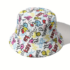 Graffiti Print Bucket Hat Hip Hop Reversible Sunscreen Beach Hat Fisherman Cap