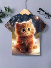 3D Cat Graphic Short Sleeve T-shirt for Girls