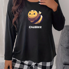 Cartoon Bee & Letter Print Long Sleeve Sleepwear Top