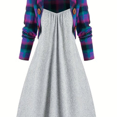 Plaid Crop Cardigan & Cami Dress Set