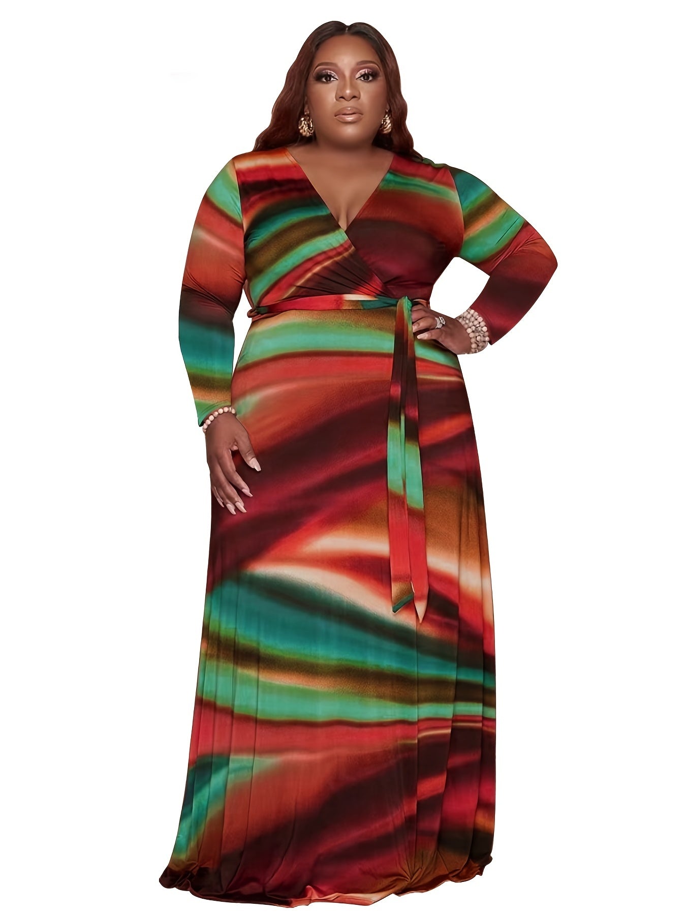 Tie Dye Maxi Dress With Belt Women's Plus Casual Long Sleeve Dress
