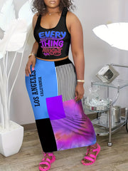 Graphic Print Casual Two-Piece Set Tank Top & Maxi Skirt