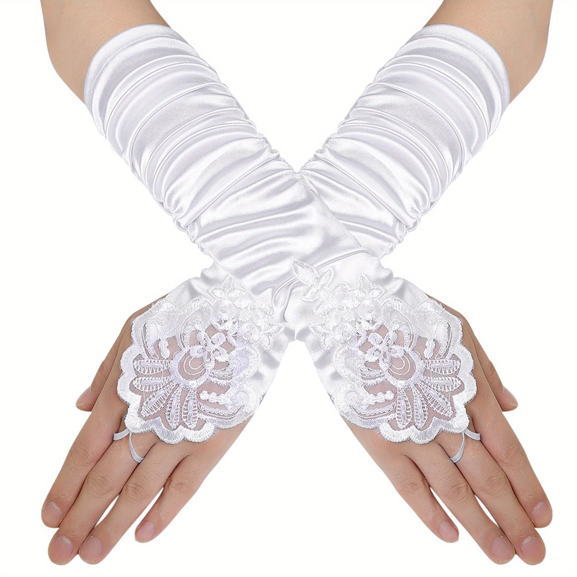 Vintage Floral Lace Gloves with Rhinestone Detail