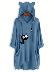 Cat Print Drawstring Hoodie Casual Long Sleeve Sweatshirt