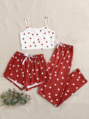 Heart Print Cami Top & Shorts & Pants 3 Piece Set