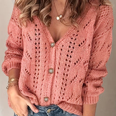 Hollow Solid Knit Cardigan Button Front Sweater