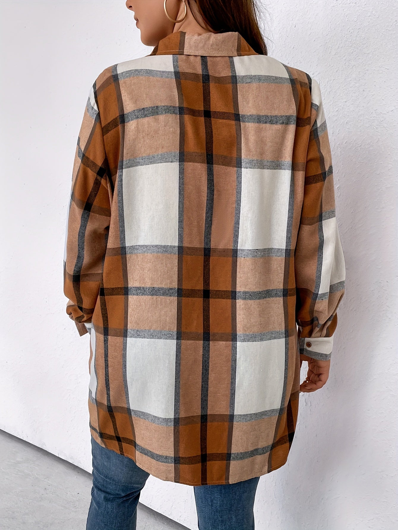 Plaid Print Button Up Long Sleeve Tunic Shirt