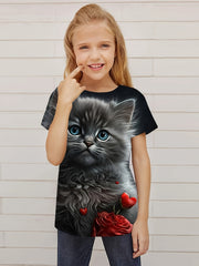3D Cat In Hat Graphic Short Sleeve T shirt for Girls