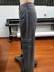 Solid Coffee Brown Cargo Jeans Side Flap Pocket High Rise Loose Denim Pants