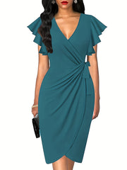Deep V Neck Ruffle Sleeve Cocktail Dress