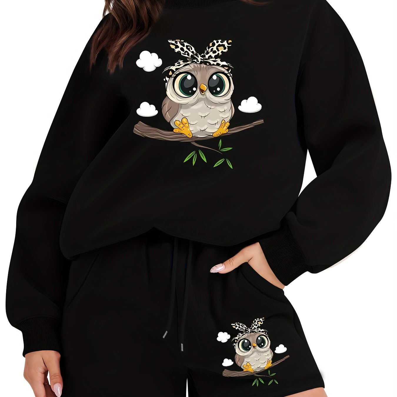 Women's Plus Owl Print Sweatshirt & Shorts Set