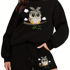 Women's Plus Owl Print Sweatshirt & Shorts Set