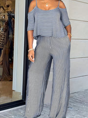 Stripe Print Cold Shoulder Top & Wide Leg Pants 2 Piece Set