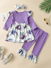 Girls Printed Bow Long Sleeve Top Flared Pants 3pcs Set