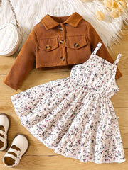 Infant Baby Girl Floral Print Suspender Dress & Jacket Set